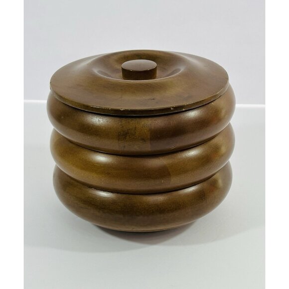 Hellerware Wooden Stacking Bowl Set of 3 Natural Wood Round Lid Vintage Serving - Picture 2 of 10